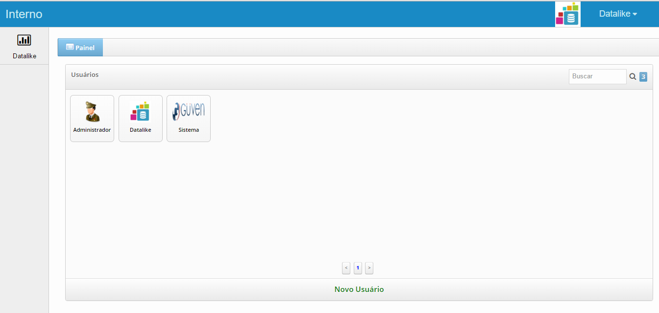 6 Usuários Criar um usuário P ara criar um usuário é necessário acessar o sistema como Administrador. É possível criar usuários clicando em Datalike e depois no botão Usuários.