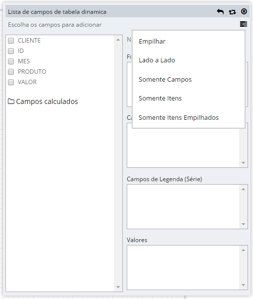 67 Do lado esquerdo da janela temos os campos e do lado direito temos os itens do gráfico. Usando o botão podemos alterar a visualização desta tela.