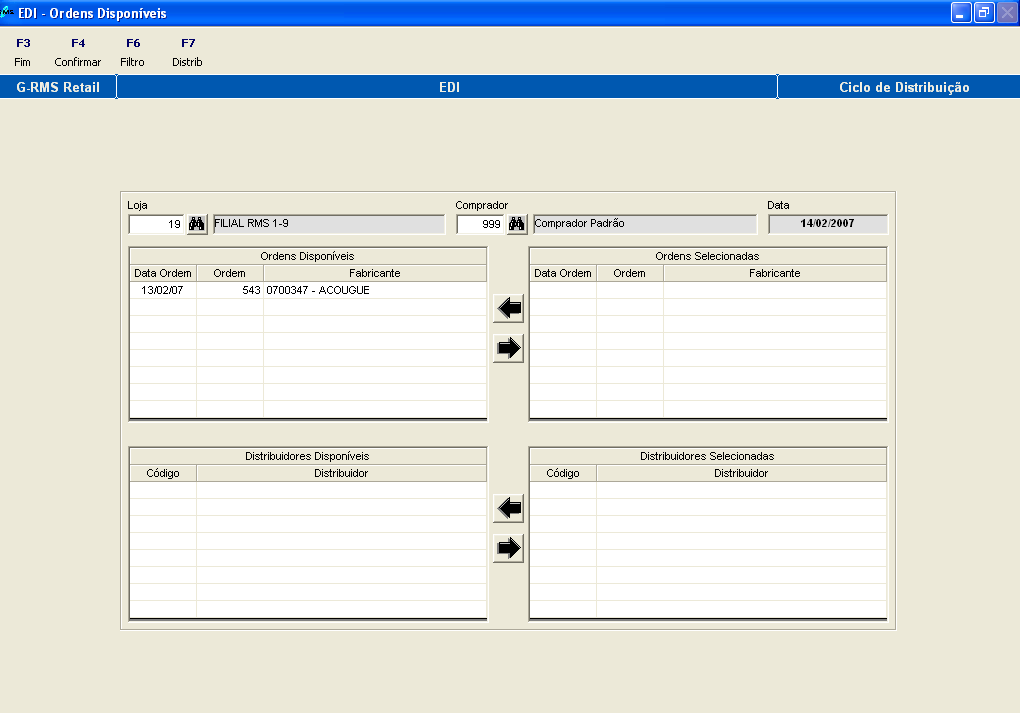 Gerar o ciclo que é composto de Ordens de Compra disponíveis e Distribuidores. Para selecioná-los ou não, basta clicar nas setas no centro da tela.