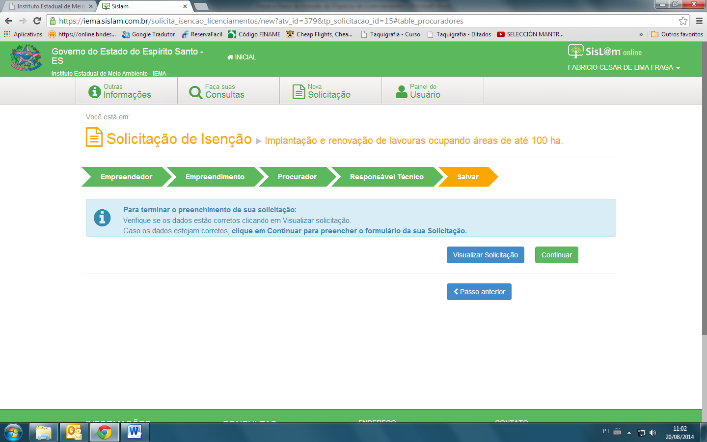 18) Ao clicar no botão aparecerá um resumo do que foi preenchido, para conferência.