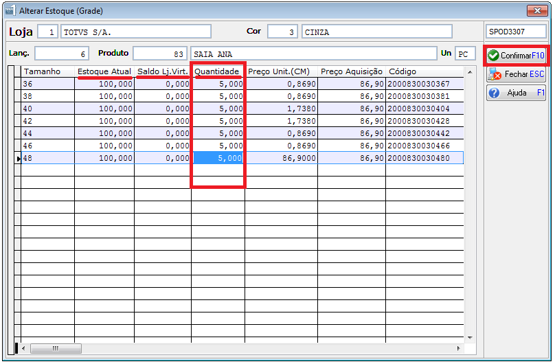 Selecine um prdut qualquer (neste cas farems exempl 83) e clique em Cnfirmar. Cluna Estque Atual: apresenta estque em lja física até mment. Cluna Sald Lj.
