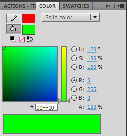 Para trabalharmos com cores gradientes, nível de alpha da cor é necessário clicar no menu Window>Color Na paleta Color a opção padrão inicial é Solid onde podemos definir as cores de contorno e