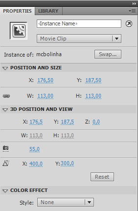 Na barra de propriedades podemos definir a posição X e Y de nosso objeto, a sua largura (W) e altura (H), o comportamento do objeto.