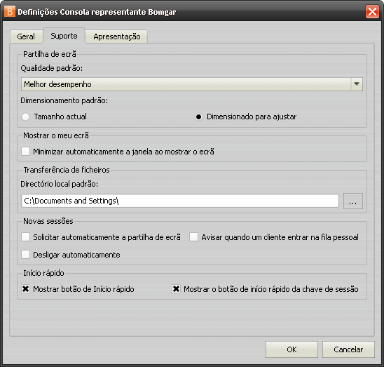 Configurações Clique em Definições para configurar as suas preferências. Escolha se pretende receber um alerta quando um cliente entrar na sua fila ou uma sessão exigir atenção.