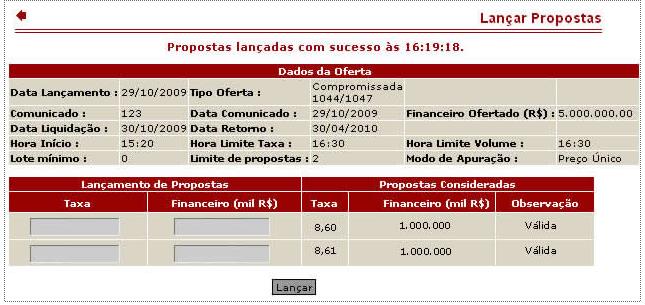 Se for feito um lançamento que resulte num financeiro inferior ao lote mínimo, o sistema assumirá automaticamente o lote mínimo; e o valor financeiro lançado é incremental, ou seja, ele é somado ao