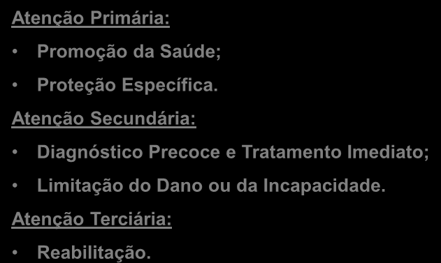 Níveis de Atenção à Saúde Atenção Primária: Promoção da Saúde; Proteção Específica.