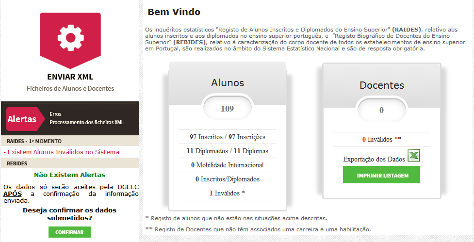 Os alunos em situação de Inválido são também contabilizados na página inicial (figura 11), como forma de alertar para a necessidade de introduzir informação. Figura 11 3.