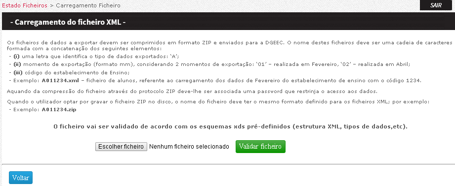 Figura 32 Deve carregar no botão Escolher ficheiro, por forma a localizar no computador o ficheiro a exportar.