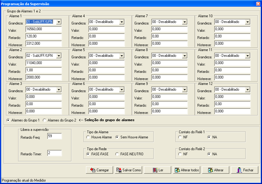 Tela da Programação da Supervisão: Até 12 alarmes disponíveis para programação para por relé Seleção do grupo (relé 1 ou relé 2) Tipo de Alarmes (Houve Alarme ou Sem Houve Alarme) Contato do Relé 1 e