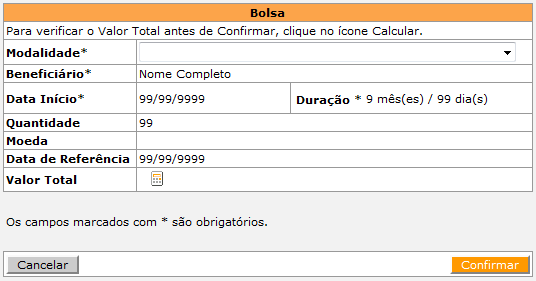 Orçamento A aba de orçamento, identificada com o nome de R$ / US$ pode ser vista na figura abaixo: Atente para as seguintes observações durante o preenchimento: Para selecionar a bolsa, clique no