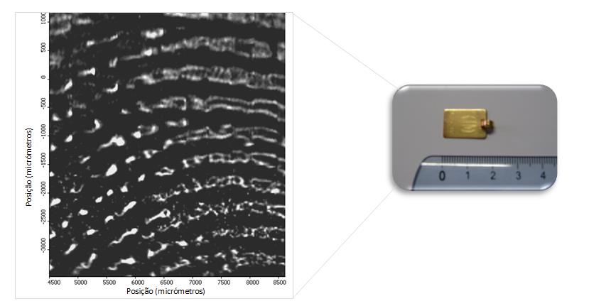 Figura 32 - Imagem química de um vestígio digital (à esquerda) numa medalha de ouro (à direita).