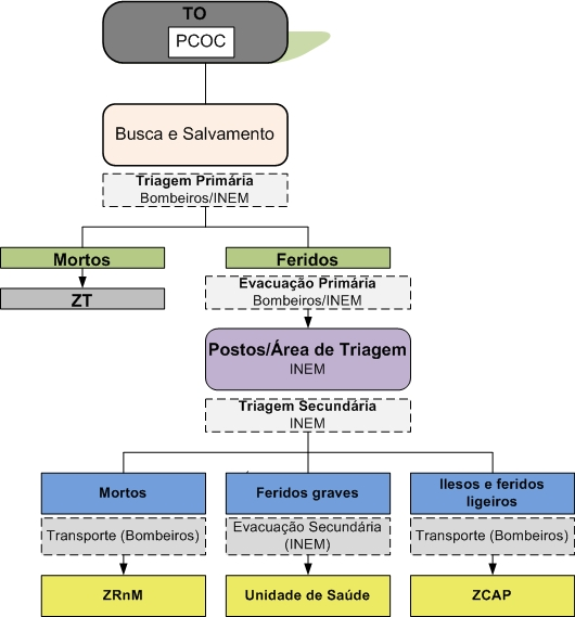 Procedimentos e instruções de coordenação: Instruções Específicas: A triagem primária é da competência da Área de Intervenção de Socorro e Salvamento, sendo em regra realizada pelos Corpos de