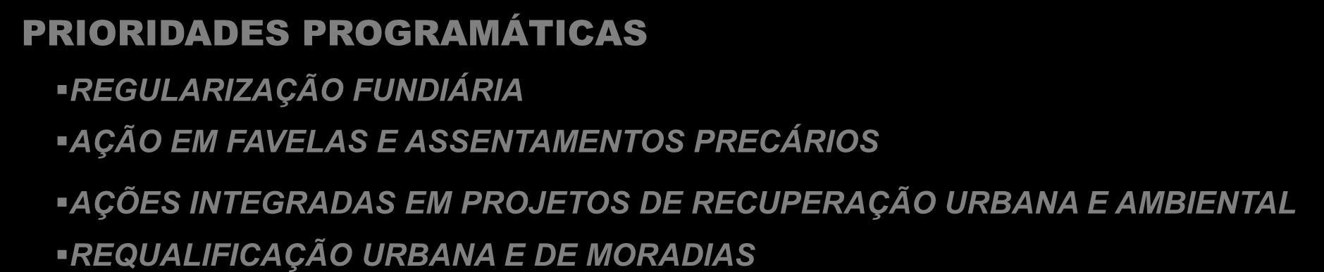 DIRETRIZES DA GESTÃO 2007-2010 PRIORIDADES PROGRAMÁTICAS REGULARIZAÇÃO FUNDIÁRIA AÇÃO EM FAVELAS E ASSENTAMENTOS PRECÁRIOS AÇÕES INTEGRADAS EM PROJETOS DE