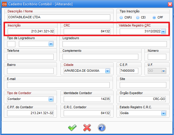 Ao preencher o cadastro da empresa, o próximo passo é verificar se todos os dados do contador estão preenchidos de forma correta, tais como: data de validade do registro