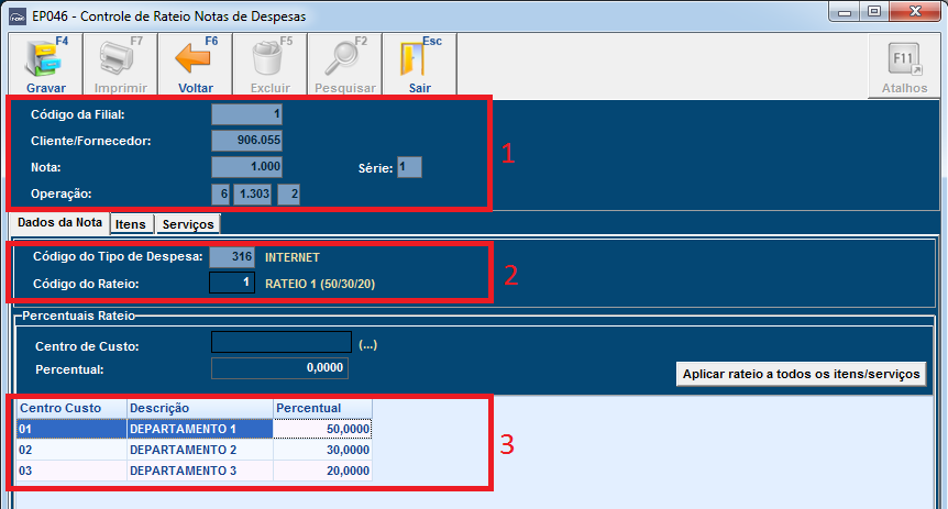 Figura 7: Botão para acesso à tela de Controle de Rateio O botão Rateio Despesas abre a interface EP046 Controle de Rateio Notas de Despesas.