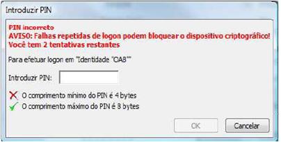 No caso de apresentar a mensagem abaixo, o advogado deverá verificar a conexão do leitor do Smart card ou Token.