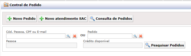 O sistema exibirá a seguinte tela: A partir dela é possível localizar pedidos, efetuar novos pedidos e abrir SAC.