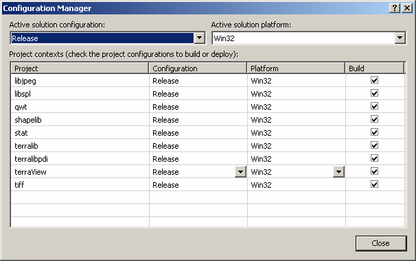 O projeto TerraView no Visual Studio já vem configurado com a seqüência correta que os projetos agregados a ele serão compilados, portanto para compilar o TerraView basta selecionar o menu