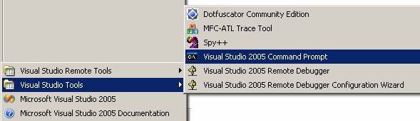 Clique em iniciar/programas/microsoft Visual Studio 2005/Visual Studio Tools/Visual Studio 2005 Command Prompt.