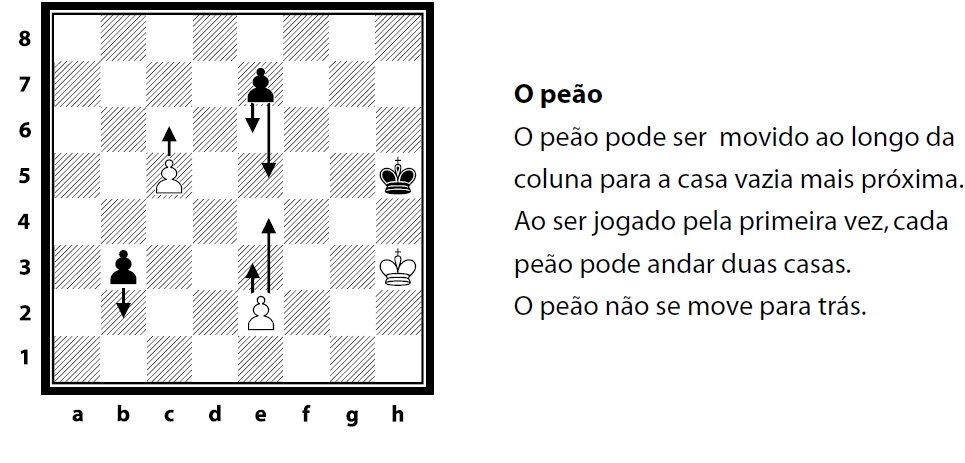 36 Figura 7: As Peças do Xadrez. Fonte: Sá et al (2005, p. 142). Os peões movem somente uma casa de cada vez para frente e a única peça que não pode voltar no tabuleiro.