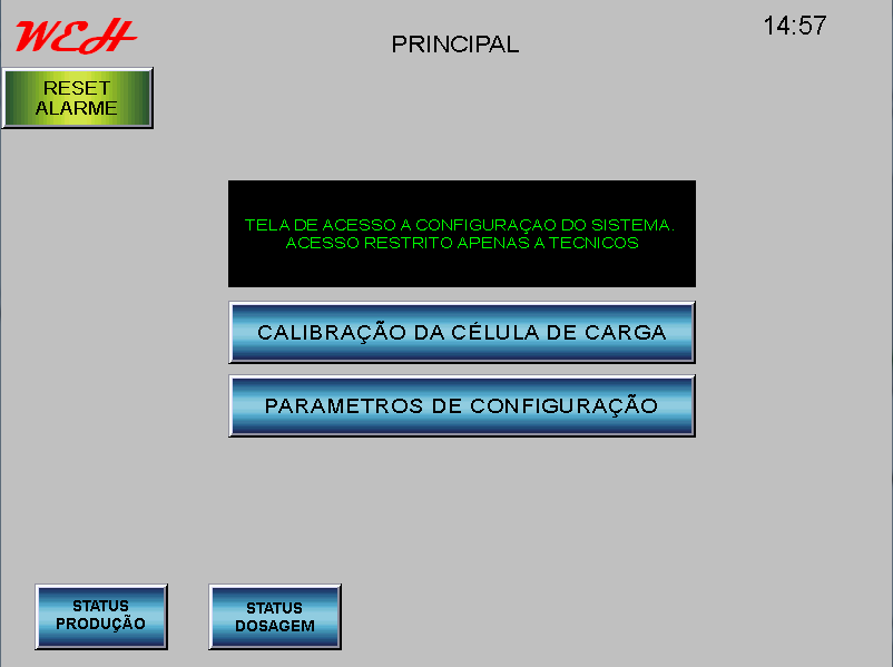 Botão CONFIG Exibe a tela de configurações normalmente seu uso ao operador se restringe apenas a tela de calibração de célula de carga Quando pressionado é exibida a pagina abaixo; Na tela principal