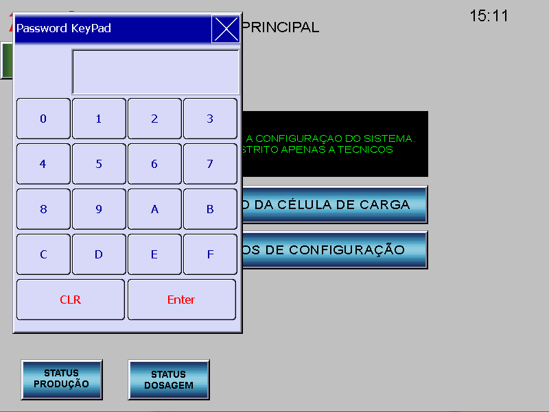 12.1 Botão Calibração da Célula de Carga Quando pressionado exibe o teclado para que seja inserida a senha de acesso às configurações. Ex: A senha para acesso vem programada de fabrica como, 77777777.