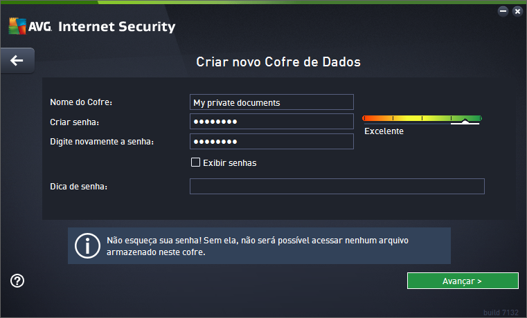 aplicativo: Primeiro, é necessário especificar o nome do seu cofre e criar uma senha forte: Nome do cofre para criar um novo cofre de dados, é necessário primeiro escolher um nome de cofre adequado