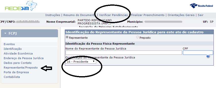 No campo NOME DO REPRESENTANTE DA PESSOA JURÍDICA escreva o nome do