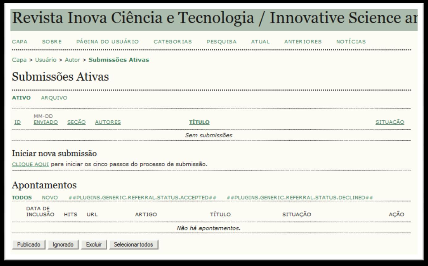 A B Figura 5. Página inicial do usuário Autor. C) Inicie uma nova submissão acessando o link Clique Aqui, localizado abaixo do subtítulo Iniciar nova submissão. C Figura 6.