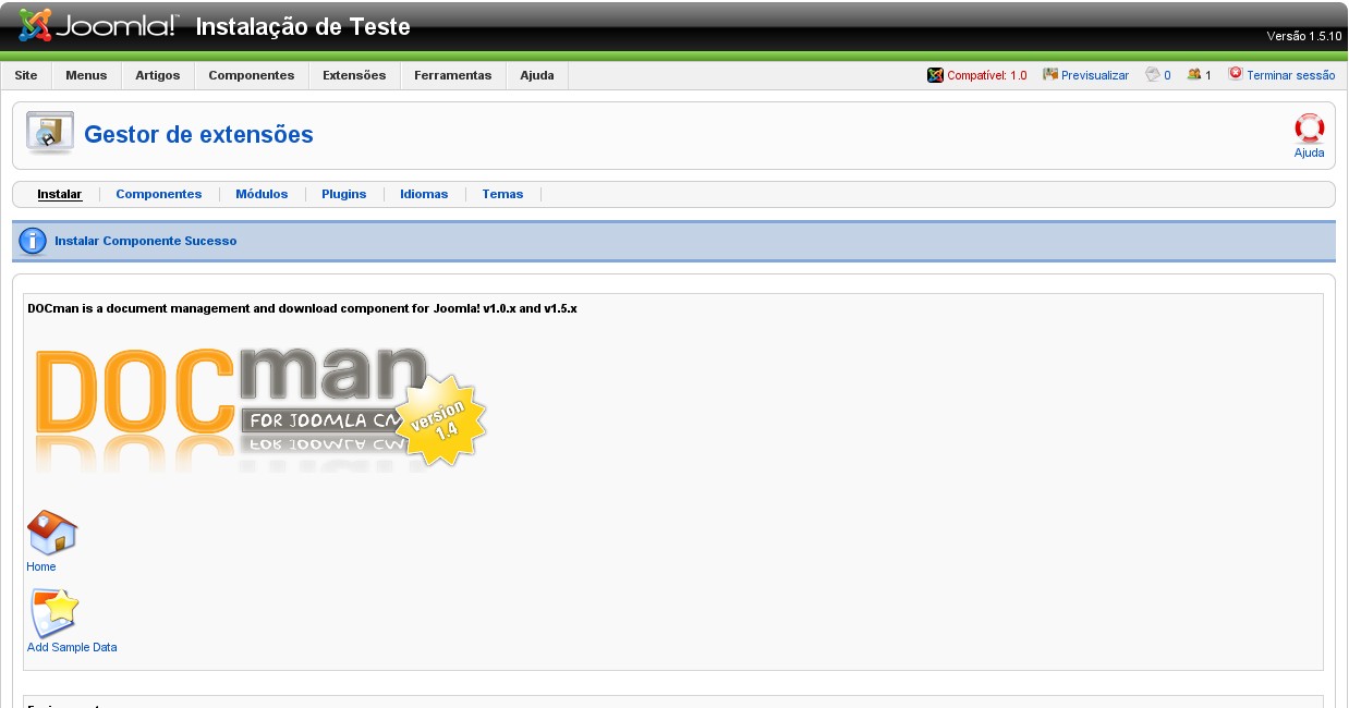 A partir daqui, a instalação do DOCman processa-se de forma idêntica a qualquer outro componente do Joomla.