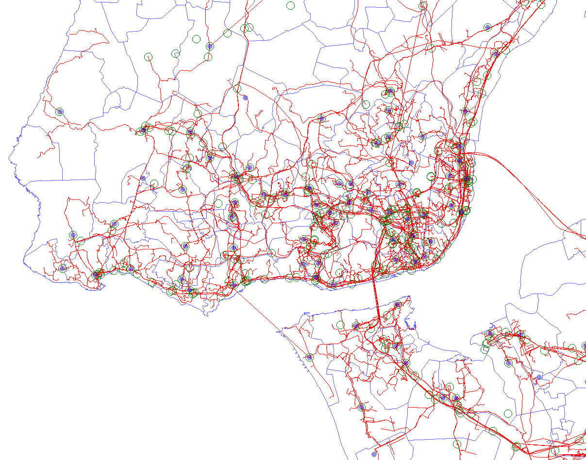 Figura 23. Áreas de central da MEO (contornos a azul, central local círculo azul) e PoP dos OPS 164 (circulo verde) na área da Grande Lisboa, dados de 2015 Fonte: Questionário de 2015. 3.