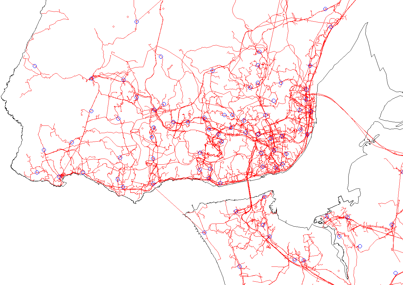 Figura 26. Ampliação para a Grande Lisboa das redes de transporte dos principais OPS e centrais da MEO extremo das Rotas C (a azul) 3.