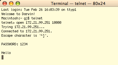 Utilização da telnet 3. Quando a comunicação é estabelecida correctamente, a palavra PASSWORD: aparece na janela.