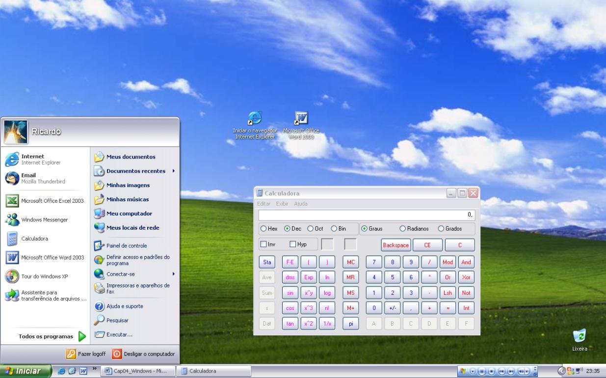 WINDOWS XP É fundamental conhecermos os nomes dos itens que compõe a tela do Windows, estes termos serão utilizados para elaborar questões, observe a seguir a imagem da área de trabalho do Windows