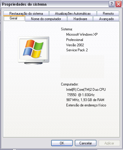 Este item é fundamental para verificarmos o funcionamento e configuração de hardware no Windows, na guia Geral podemos verificar a quantidade de memória, o processador, a versão do sistema