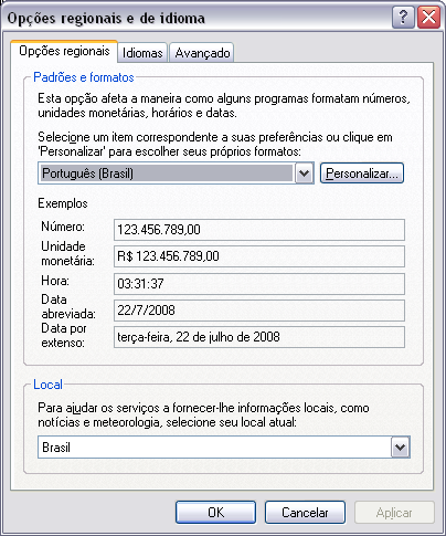 Opções regionais e de Idioma Nesta opção configuramos itens como formato da data, sistema