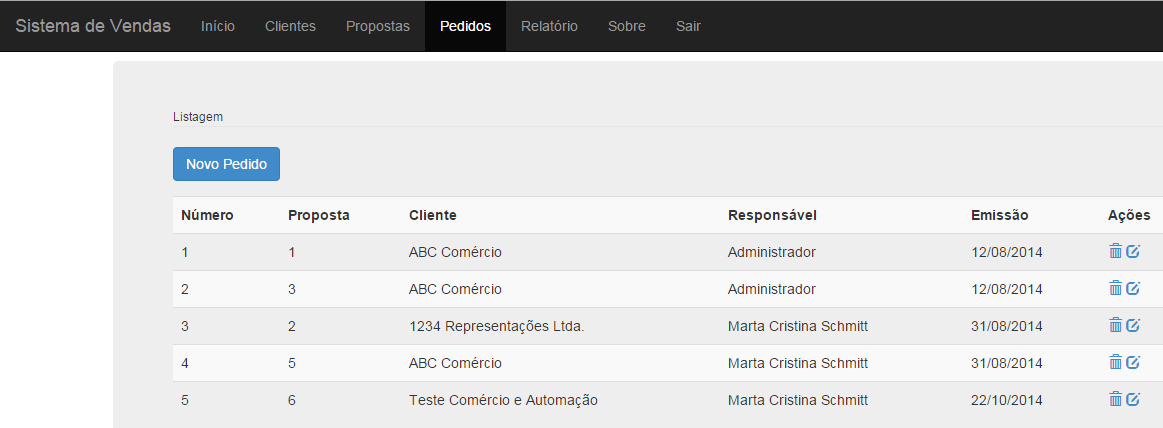 55 uma tabela que exibe todos os pedidos de compra cadastrados e ordenados pelo número do pedido. A operacionalidade da tela é igual a das demais telas.