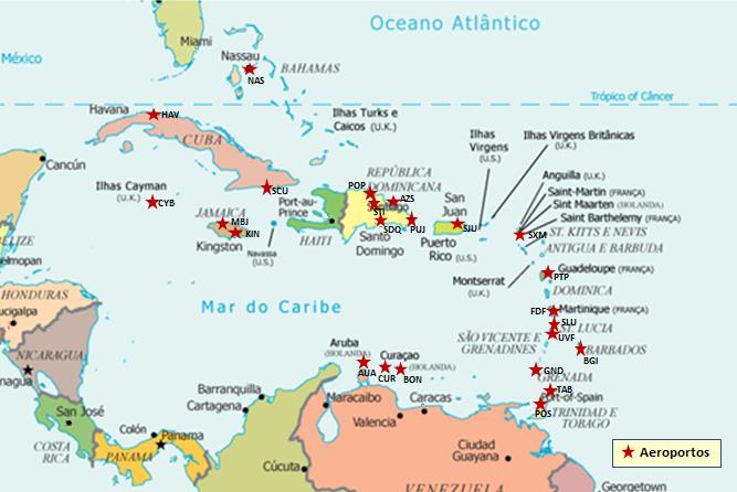 Fonte: Adaptado de http://www.guiageo.com/ Já na Tabela 6 abaixo estão apresentadas as principais empresas aéreas de transporte de passageiros que operam no Caribe, segundo o tamanho de sua frota.