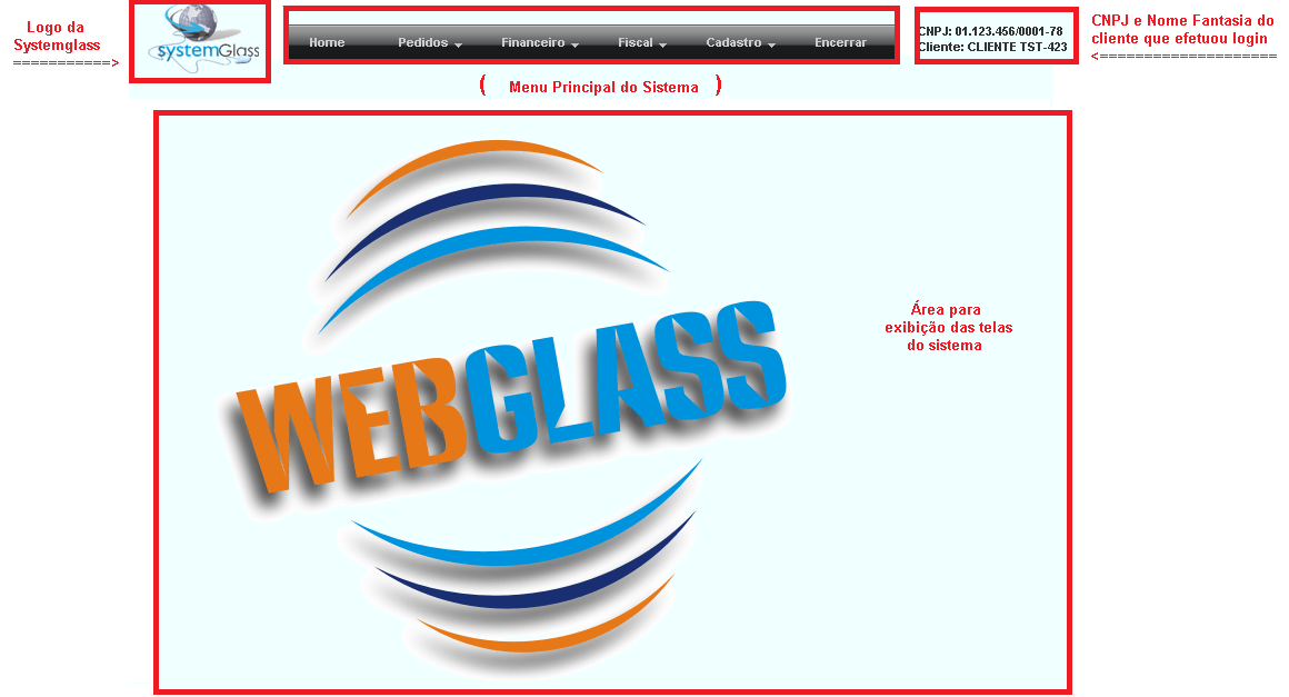 4. Entendendo a tela principal do WebGlass A tela principal do WebGlass é dividida em quatro partes (Ver Figura 4.1): 1. Logo estático da SystemGlass; 2.