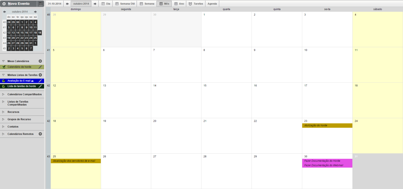 16 5 Calendário 5.1 Usando calendário a) Acesse o painel principal. b) Clique em Calendário e será aberta a tela abaixo: c) Na parte superior da janela do calendário encontra-se os seguintes menus.