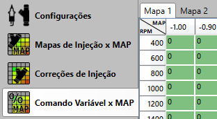 Figura 22-Comando Variável por MAP Atenção ao fazer esta configuração de saídas, pois a conversão de um mapa de injeção para PWM faz com que ele seja completamente zerado, e essa operação não pode