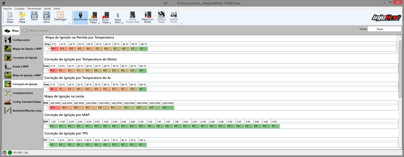 Figura 28-Mapa Simplificado de Ignição por MAP 15.1.7 Correções de Ignição Nesta aba encontram-se as diversas correções de ignição que podem ser feitas baseados em outros dados de sensores.