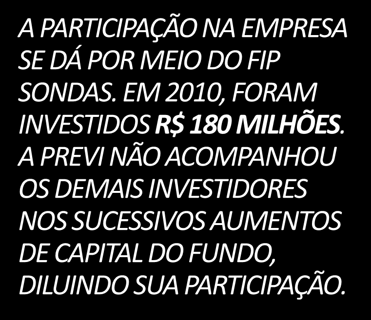 49 INVESTIMENTOS Investimentos Estruturados: Sete Brasil A PARTICIPAÇÃO NA EMPRESA SE DÁ POR MEIO DO FIP SONDAS. EM 2010, FORAM INVESTIDOS R$ 180 MILHÕES.