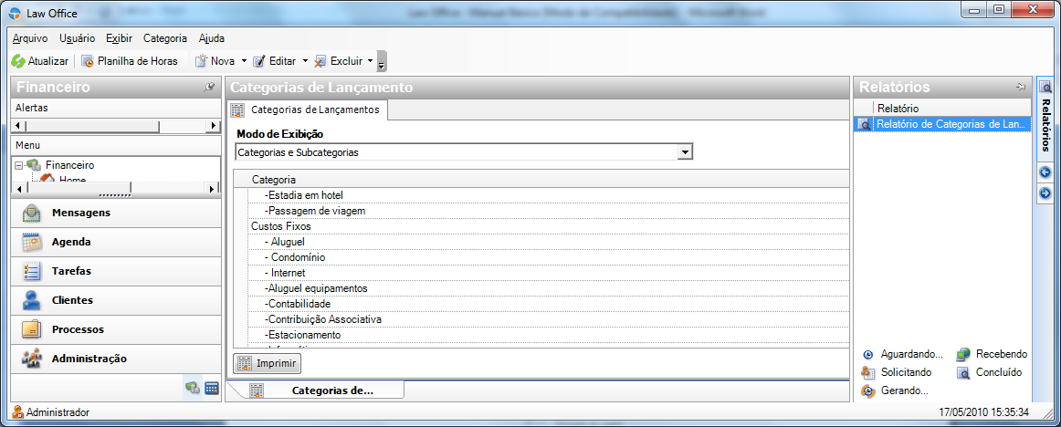 É possível emitir relatório das categorias e subcategorias cadastradas.