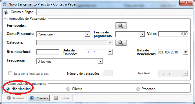 - Conta Financeira: indicar qual a conta de onde sairá o dinheiro para pagamento desse lançamento - Forma de pagamento: como será pago o lançamento - Valor: valor a ser pago - Categoria: informar o