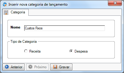 Para cadastro das categorias de lançamento, clique no item Nova > Categoria, localizado na barra de comandos. Primeiramente, você deverá cadastrar a Categoria.