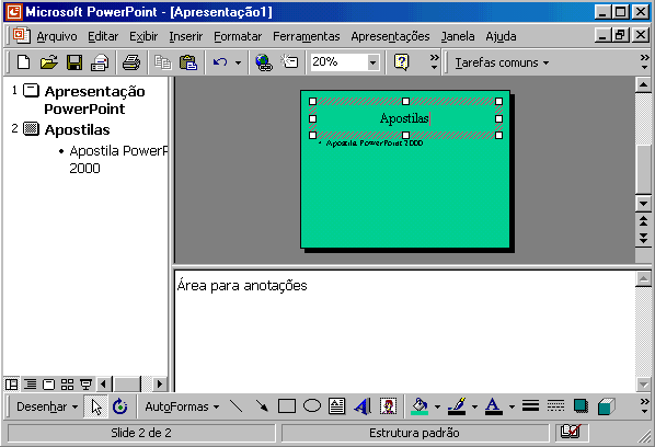 Clique no botão ( ) Modo de Estrutura de Tópicos. Nesse modo de exibição você pode inserir texto e os painéis Slides e Notas ainda estão visíveis. Clique em ( ) Modo de Slides.