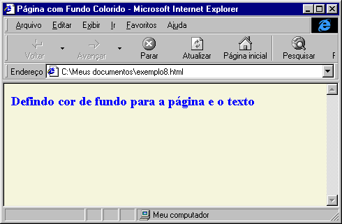O resultado será uma página com o plano de fundo de cor bege e o texto na cor azul. Neste exemplo utilizando o antigo Internet Explorer.