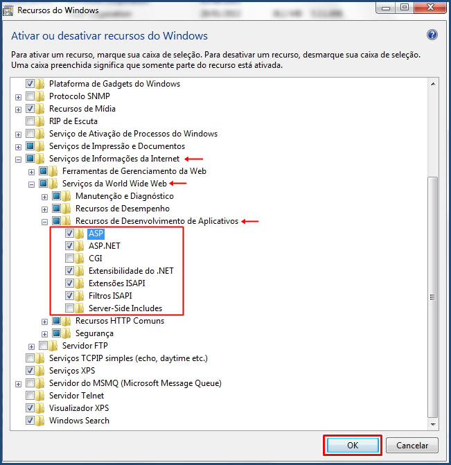 2.5 Na tela Ativar ou desativar recursos do Windows, acesse o caminho: Serviços de Informações da Internet Serviços da World Wide Web Recursos de Desenvolvimento de