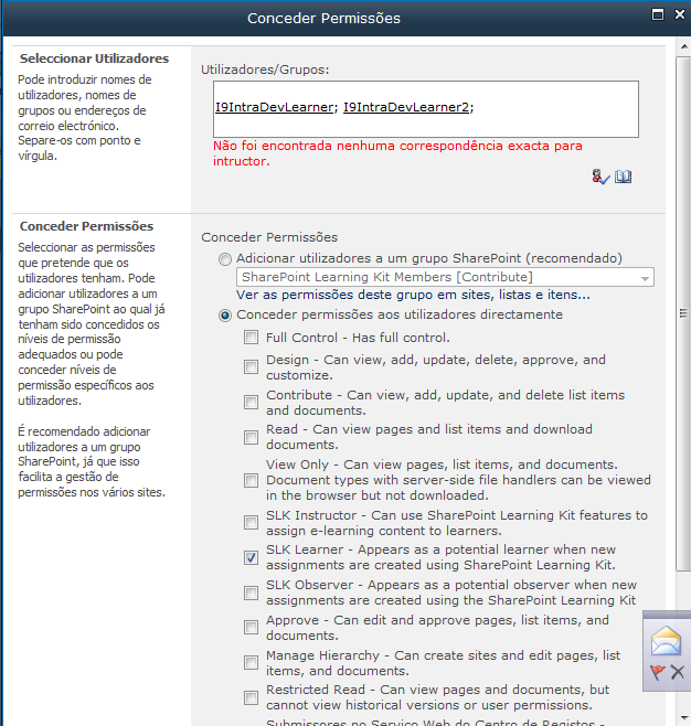 Configuração das permissões do novo Curso de Formação Seleccionar a opção Conceder Permissões e associar, um a um, todos os formandos do curso